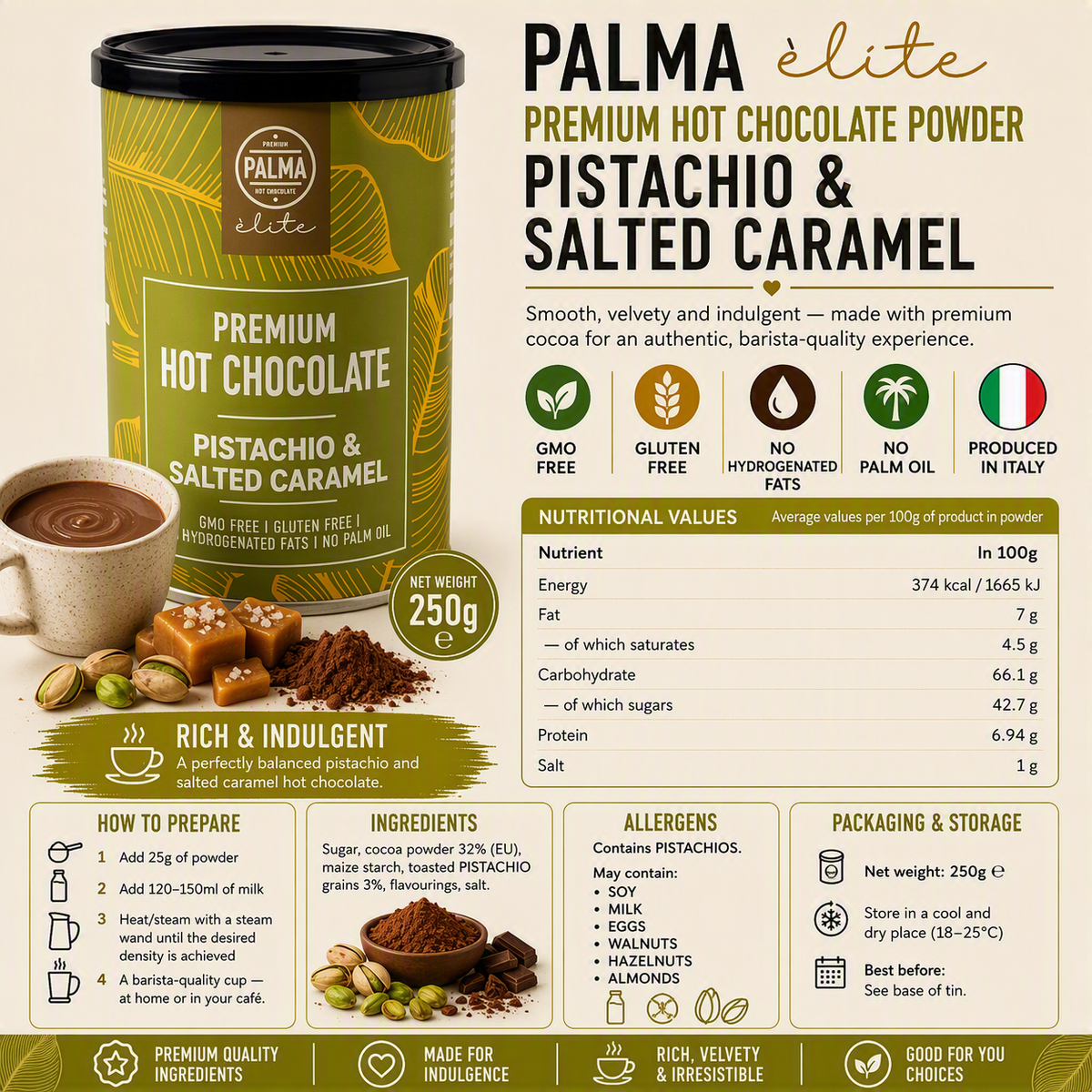 PALMA élite Premium Hot Chocolate – Pistachio & Salted Caramel