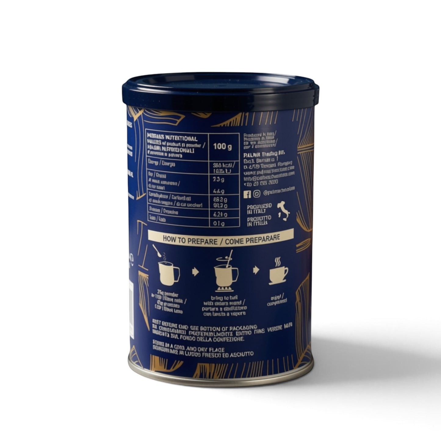 PALMA Hot Chocolate Co. Classic Chocolate powder tin showing nutritional information and preparation instructions