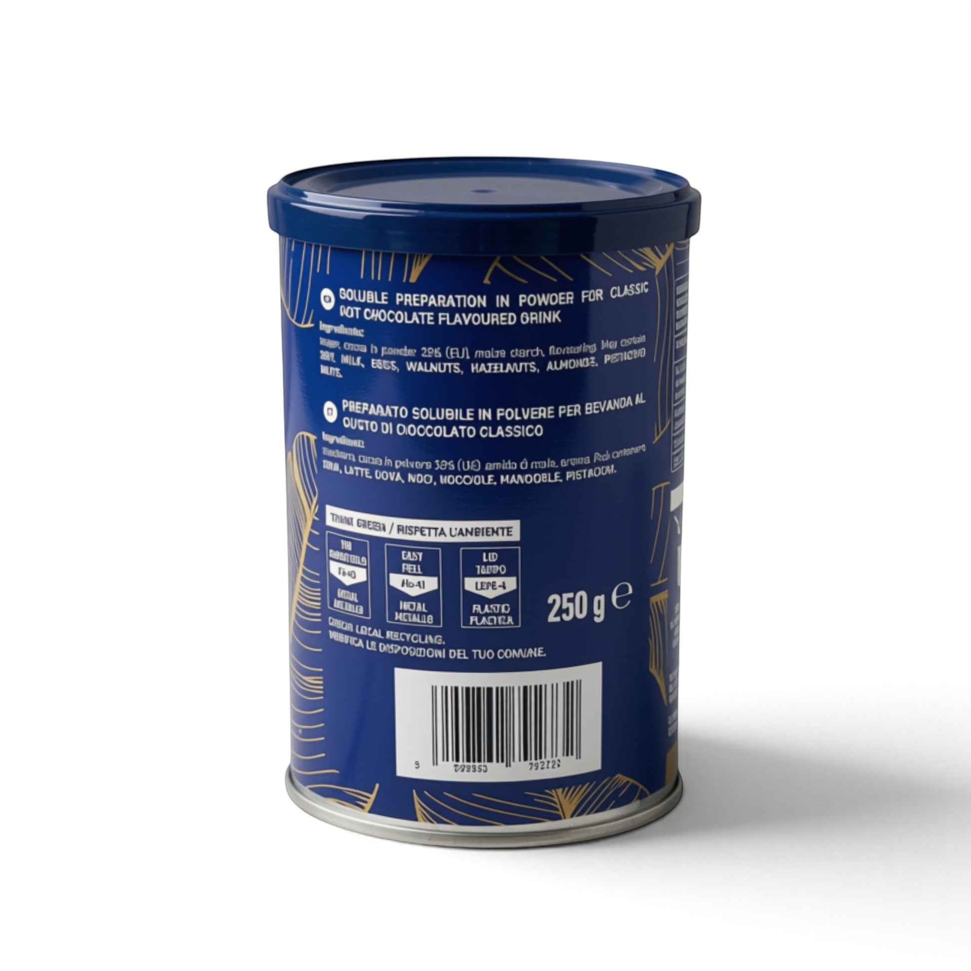 Back view of a PALMA Hot Chocolate Co. Classic Chocolate tin showing ingredients and recycling information.