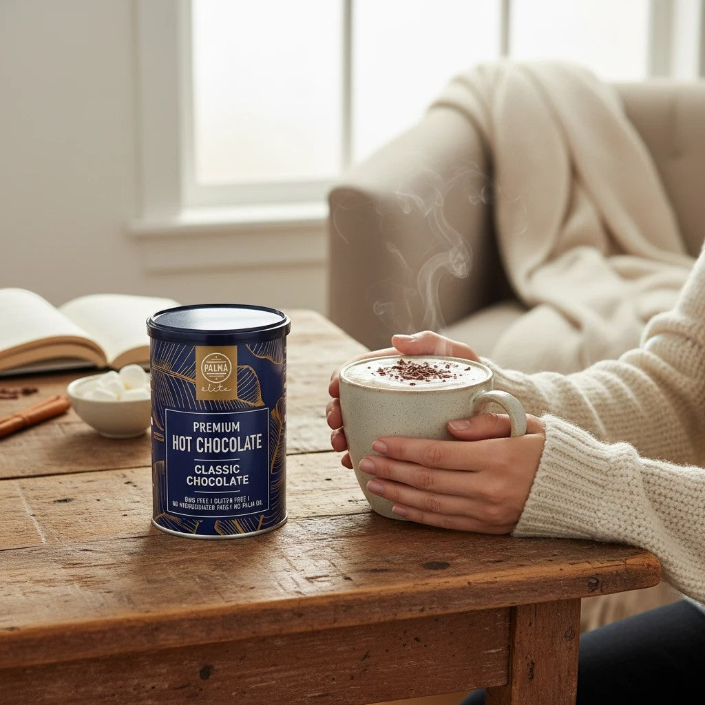 PALMA Hot Chocolate Co. Classic Chocolate tin next to a person holding a steaming mug of hot cocoa on a wooden table.