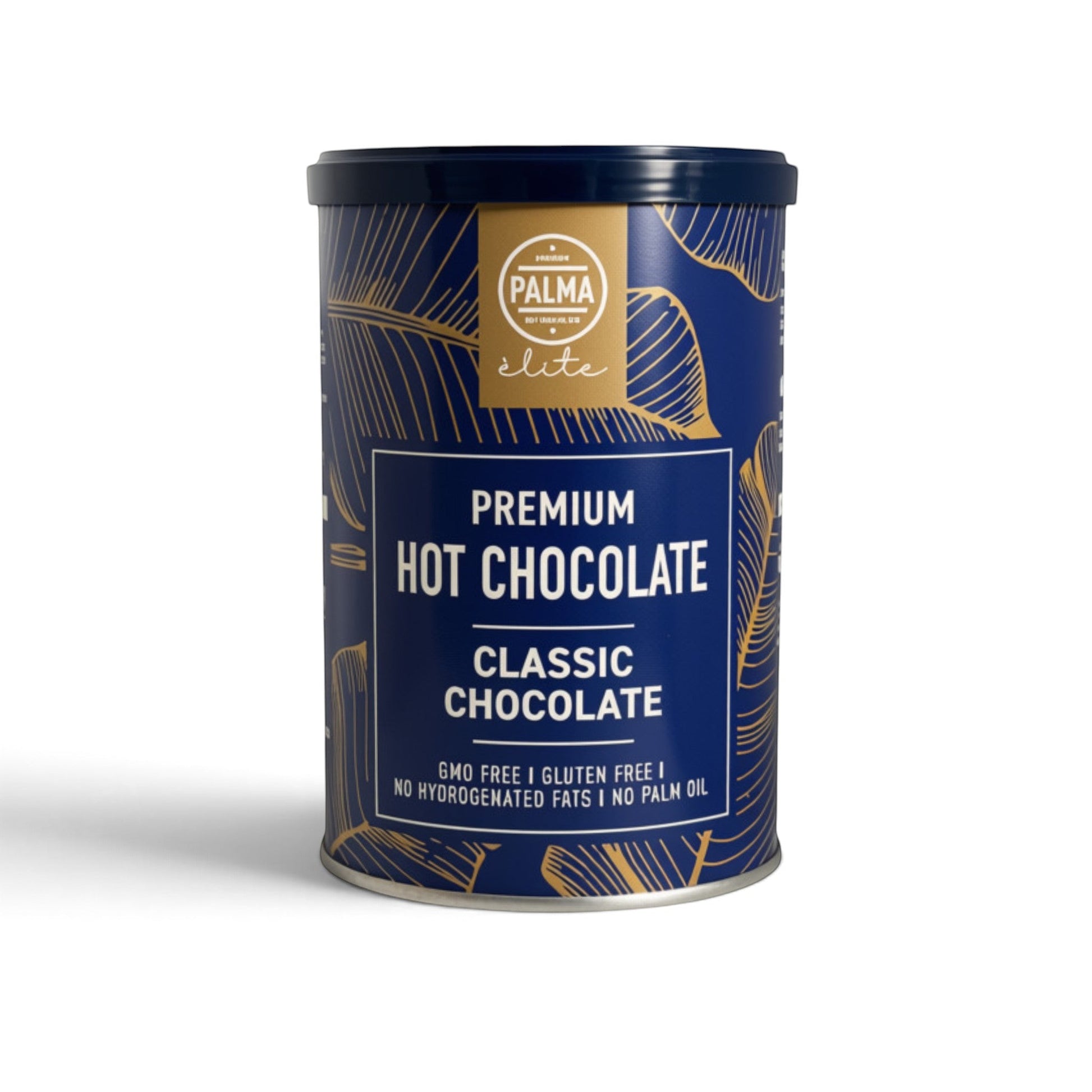 PALMA Hot Chocolate Co. Classic Chocolate premium hot cocoa powder in a blue and gold decorative tin
