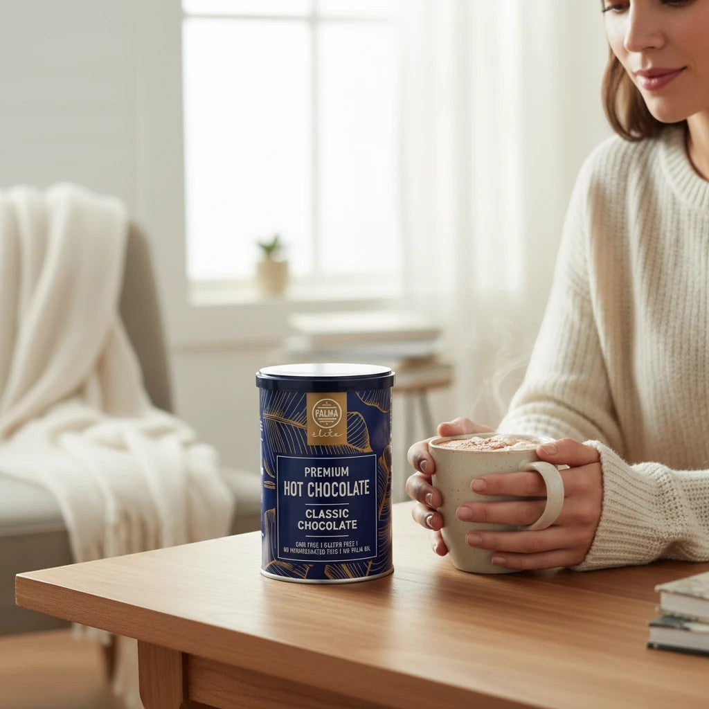 Woman in a cozy sweater holding a warm mug next to a tin of PALMA Hot Chocolate Co. Premium Classic Hot Chocolate