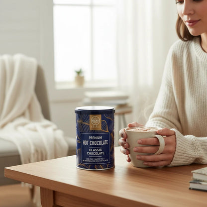 Woman in a cozy sweater holding a warm mug next to a tin of PALMA Hot Chocolate Co. Premium Classic Hot Chocolate