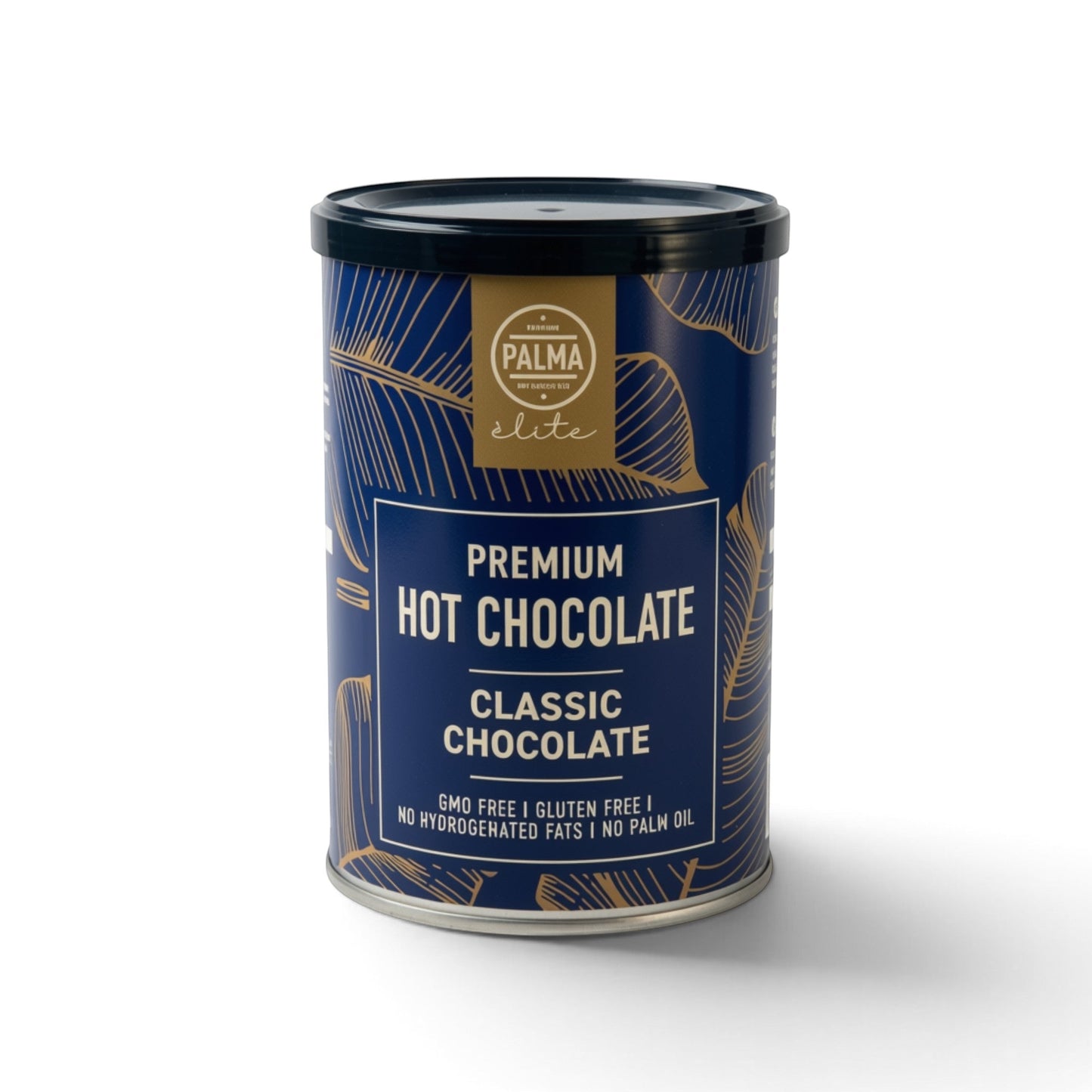 PALMA Hot Chocolate Co. Élite Premium Classic Chocolate powder in a blue tin with gold leaf patterns.