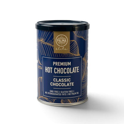 PALMA Hot Chocolate Co. Élite Premium Classic Chocolate powder in a blue tin with gold leaf patterns.